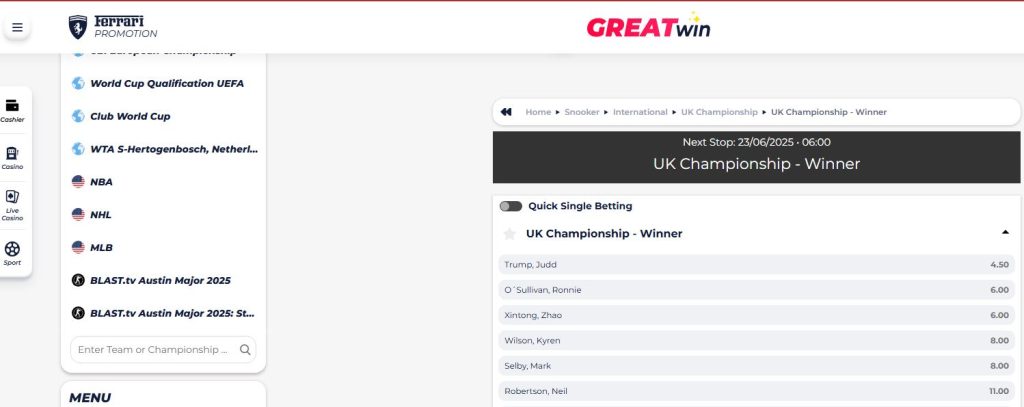 greatwin online snooker bets